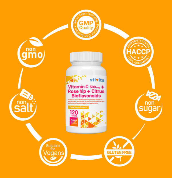 Vitamin C 500 mg + Citrus Bioflavonoids + Rosehip Vegan Tablets