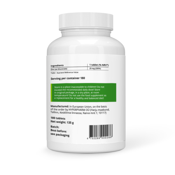 Zinc 25 mg as Gluconate Vegan Tablets